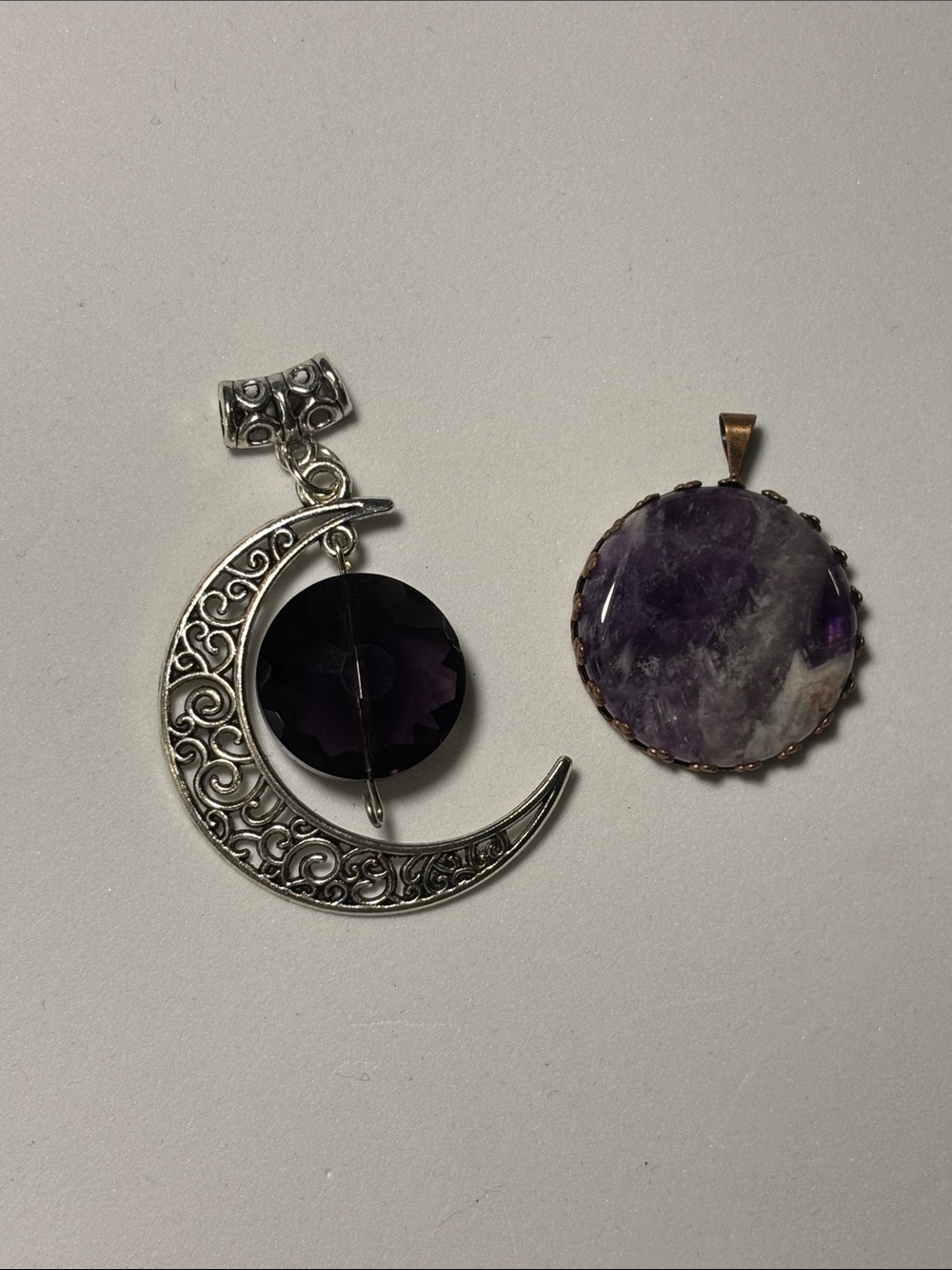 Silver Crescent Moon Pendant with Purple Glass Accent & Amethyst Pendant Bundle